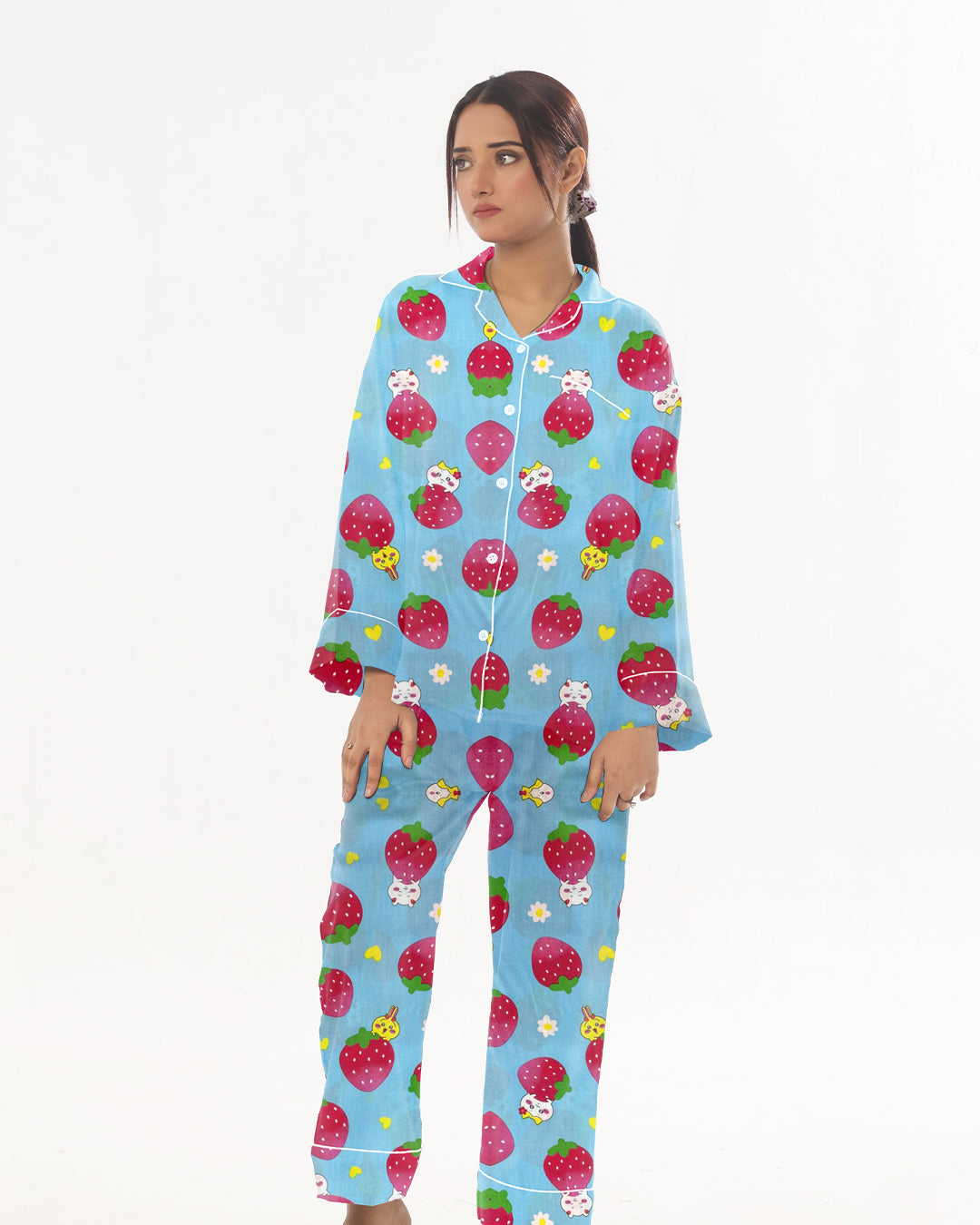 Buy Linen Pajama Suit with Scrunchie - Strawberry Dream in Pakistan