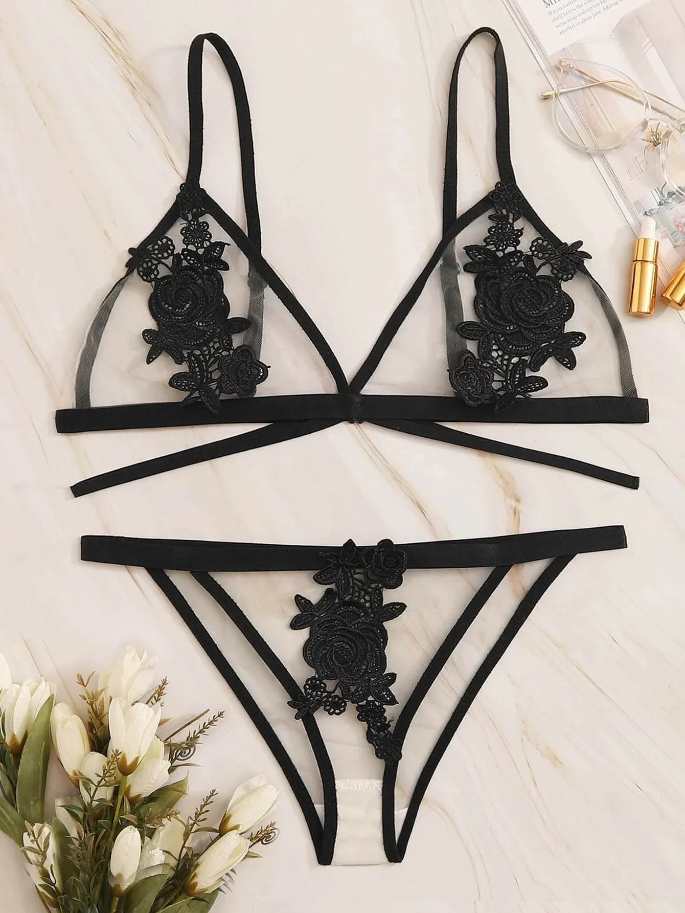 Buy Shein Flower Crochet Sheer Lingerie Set in Pakistan