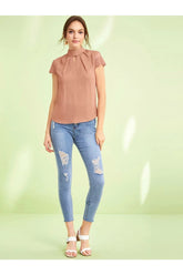 Buy SHEIN Embroidered Mesh Sleeve Keyhole Front Top in Pakistan