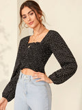 Buy Shein Polka Dot Smocked Lettuce Edge Crop Top in Pakistan