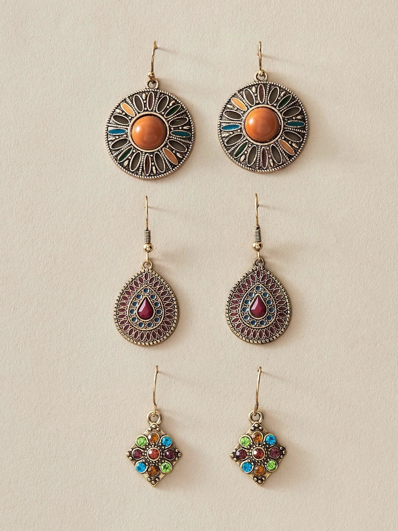 Buy Shein 3pairs Bohemian Flower & Water Drop Earrings in Pakistan