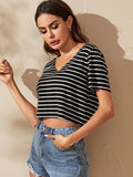 Buy SHEIN EZwear V-neck Striped Crop Tee in Pakistan