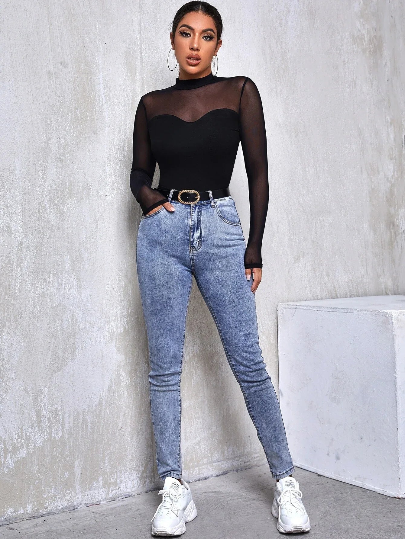 Buy SHEIN Mesh Yoke Solid Tee in Pakistan