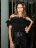 Buy Shein Bae Exaggerate Layered Mesh Ruffle Trim Bardot Top in Pakistan