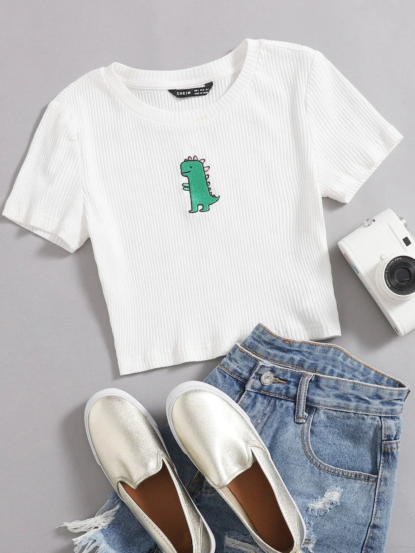 Buy Shein Ezwear Cartoon Embroidered Rib Knit Crop Top in Pakistan