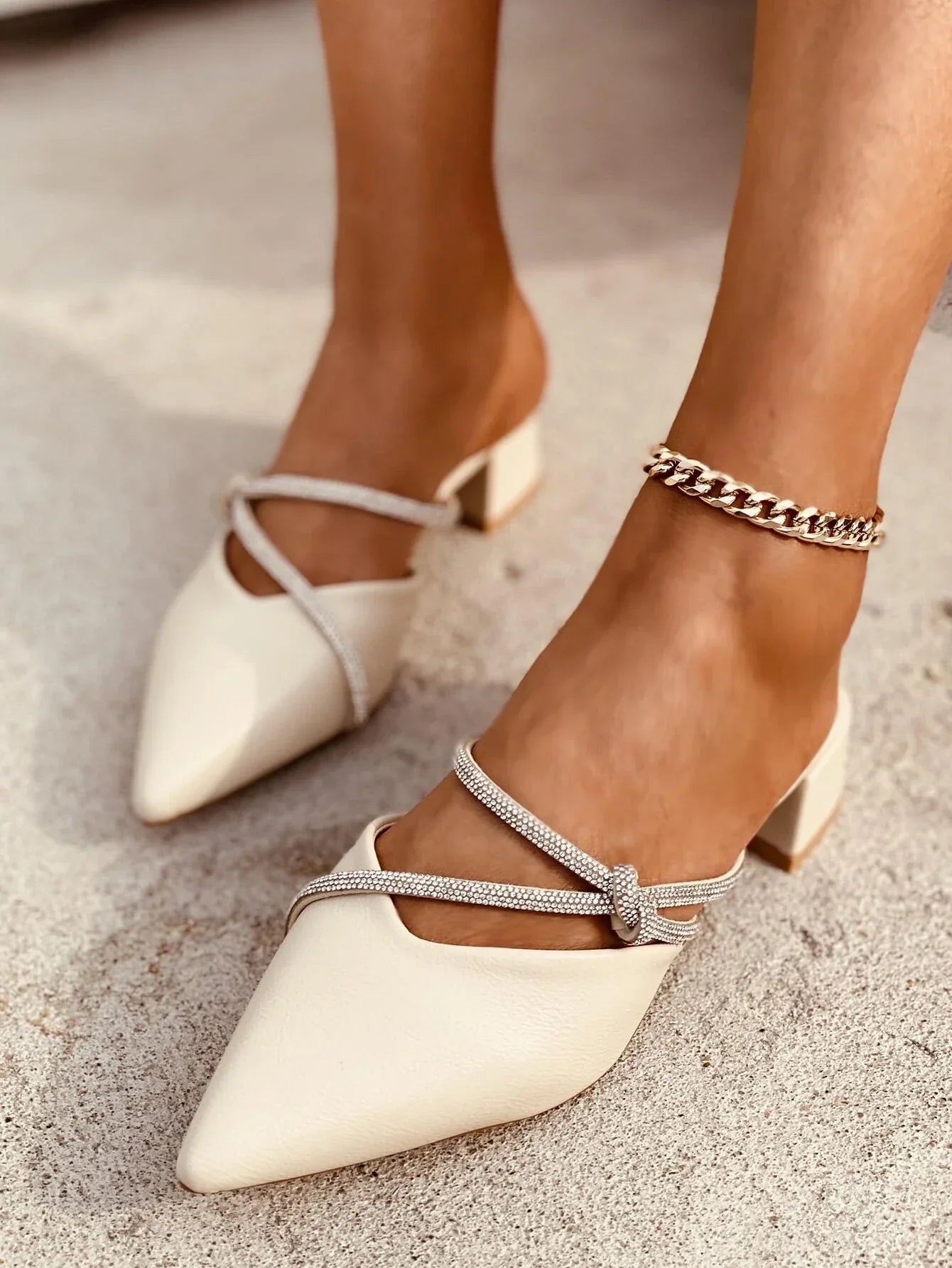 Buy Shein Rhinestone Decor Point Toe Chunky Heeled Mules in Pakistan