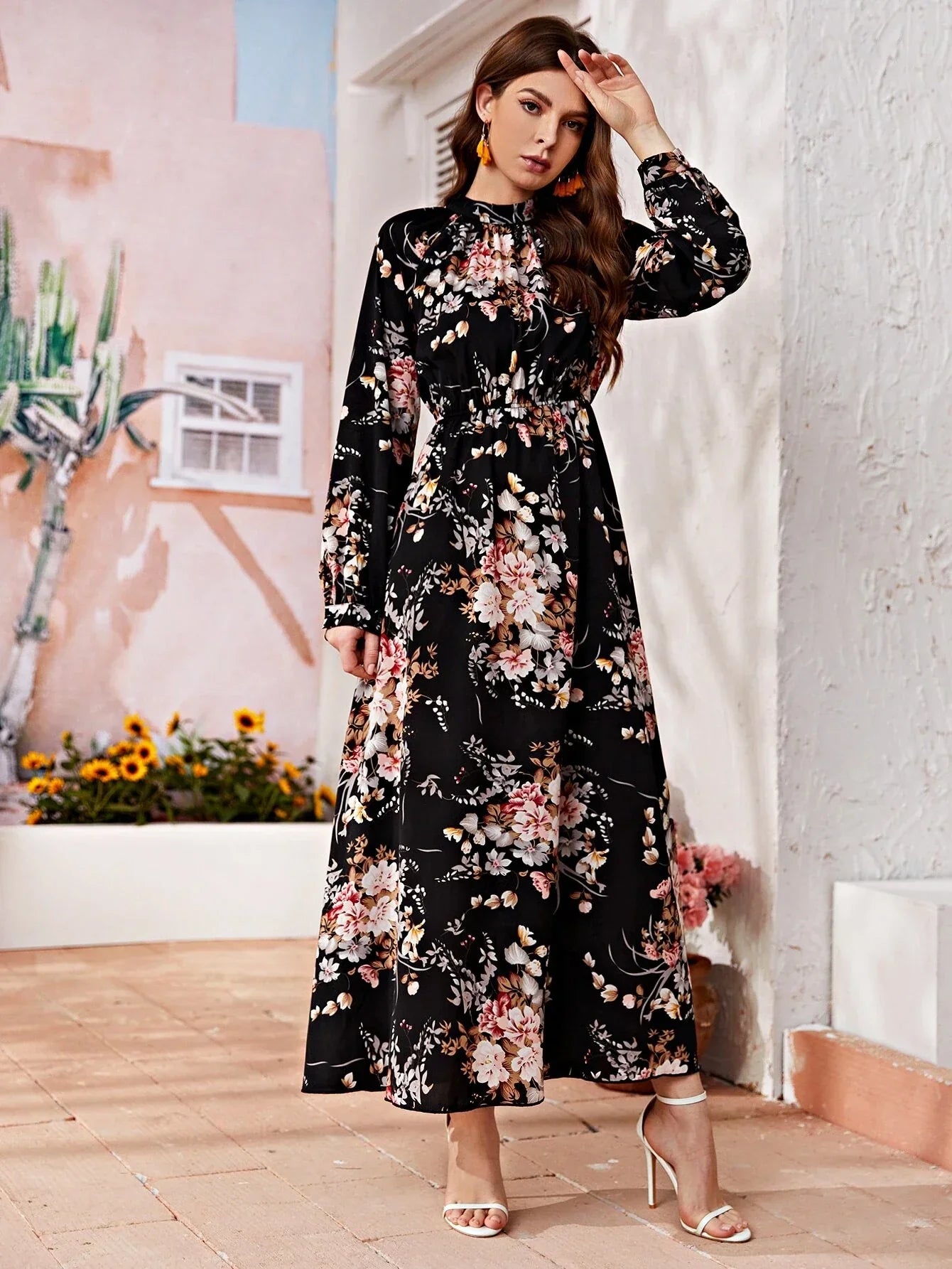 Buy Shein Allover Floral Mock Neck Keyhole Back Dress in Pakistan