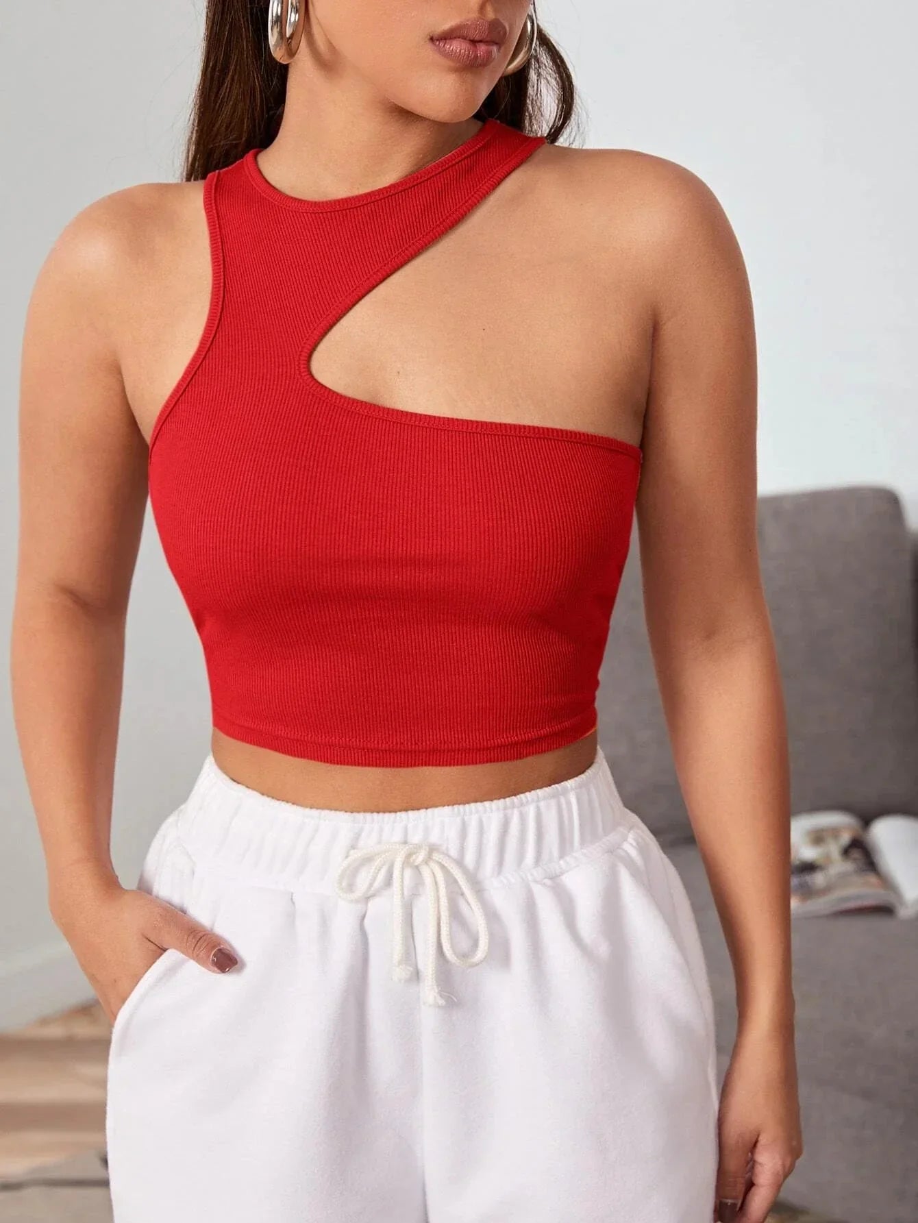 Buy Shein Icon Asymmetrical Shoulder Crop Top in Pakistan