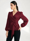Buy Shein Solid Surplice Front Belted Blouse in Pakistan