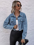 Buy Shein Decorative Pocket Drop Shoulder Raw Hem Denim Jacket in Pakistan