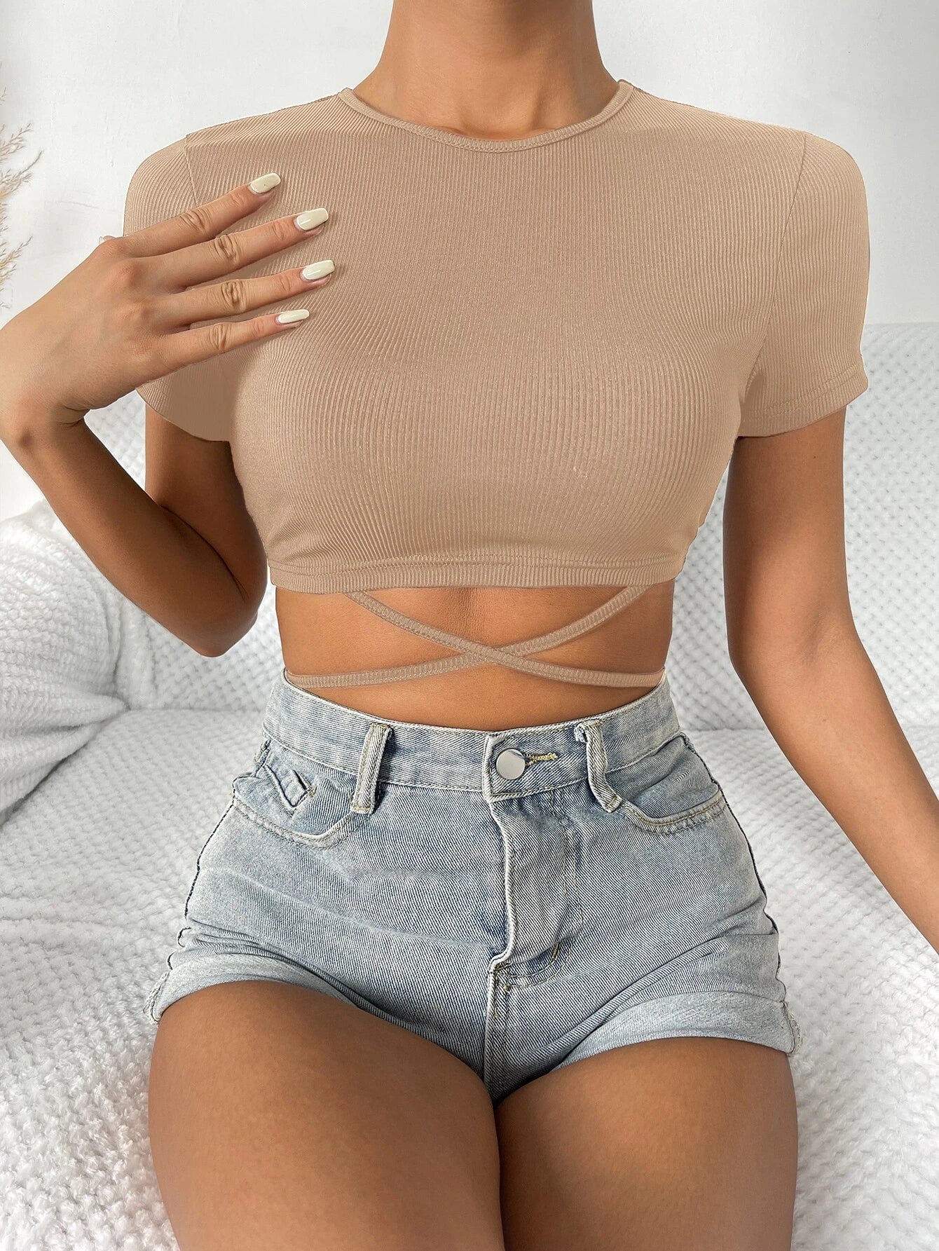 Buy Shein Solid Crisscross Tie Back Crop Tee in Pakistan