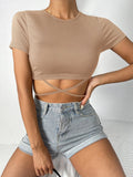 Buy Shein Solid Crisscross Tie Back Crop Tee in Pakistan