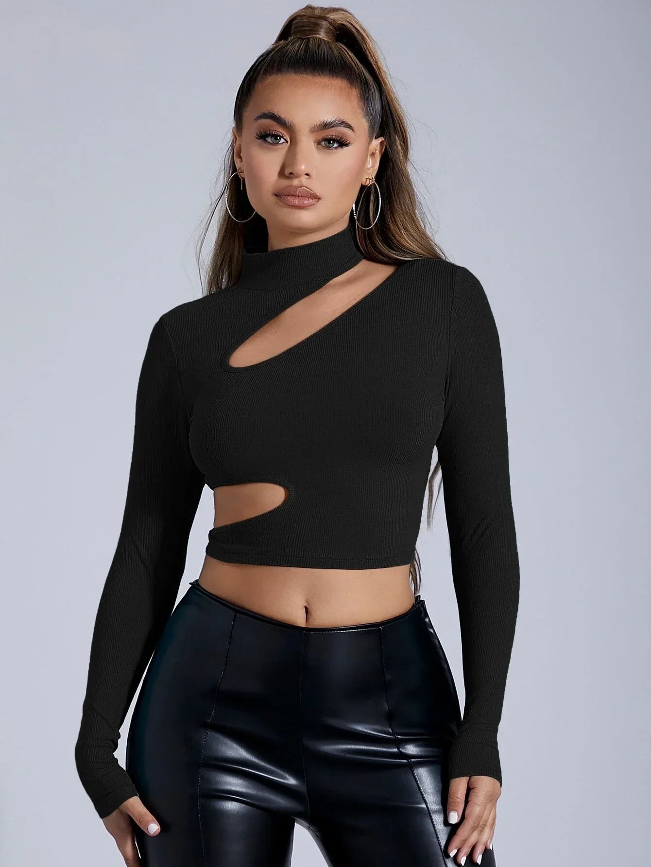 Buy Shein Sxy Stand Collar Cutout Crop Tee in Pakistan