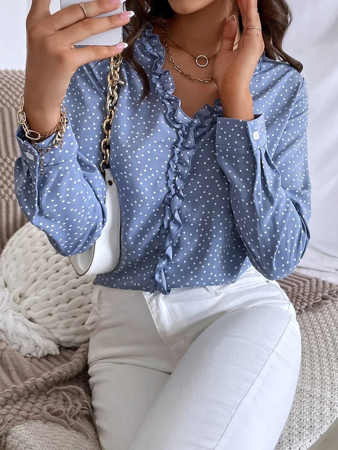 Buy SHEIN Frenchy Polka Dot Ruffle Trim Blouse in Pakistan