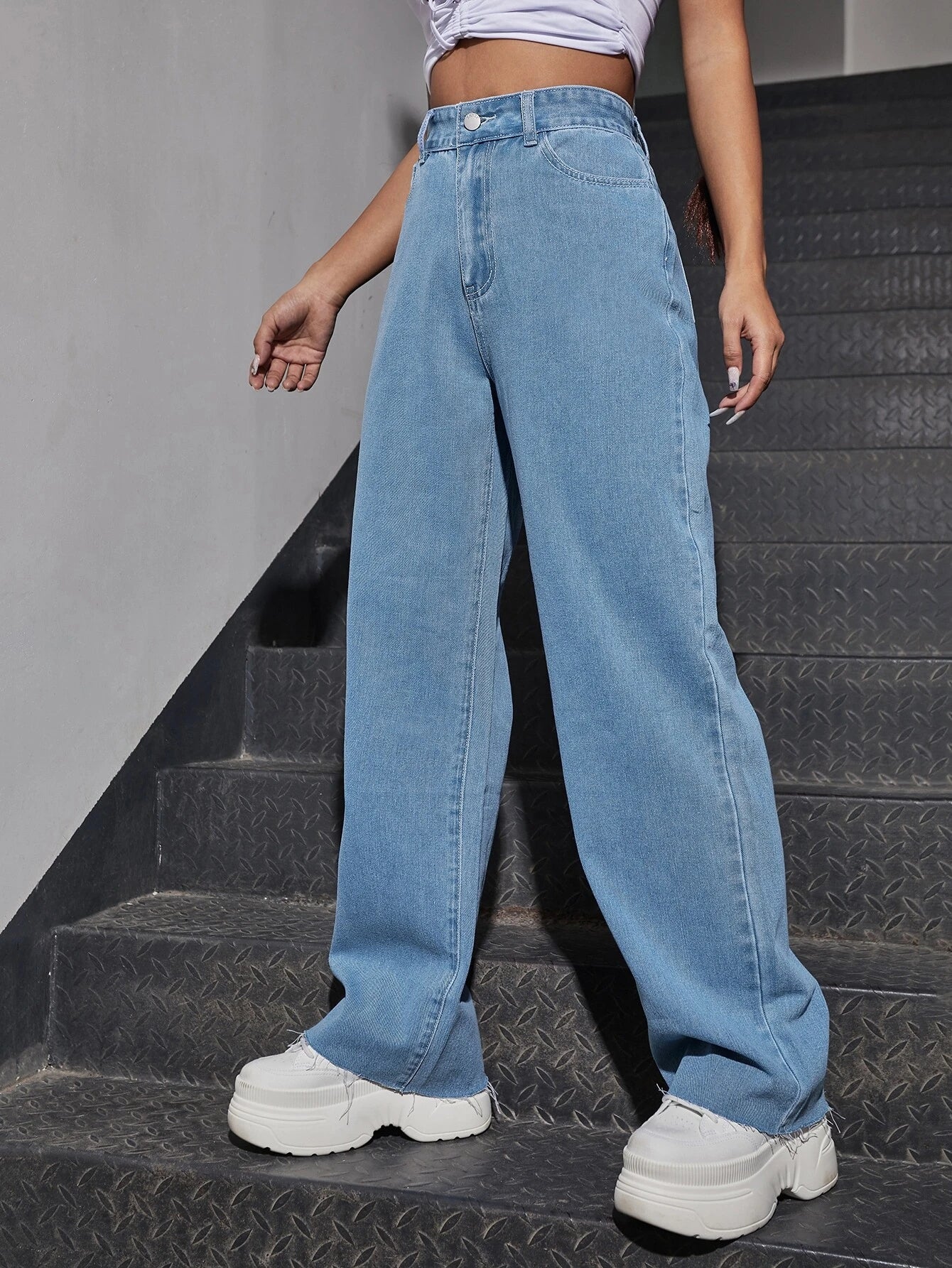 Buy Shein Fire Print Raw Hem Straight Leg Jeans in Pakistan