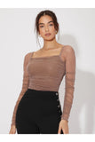 Buy SHEIN Mesh Panel Ruched Glitter Top in Pakistan