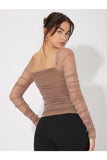 Buy SHEIN Mesh Panel Ruched Glitter Top in Pakistan