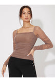 Buy SHEIN Mesh Panel Ruched Glitter Top in Pakistan