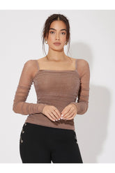 Buy SHEIN Mesh Panel Ruched Glitter Top in Pakistan
