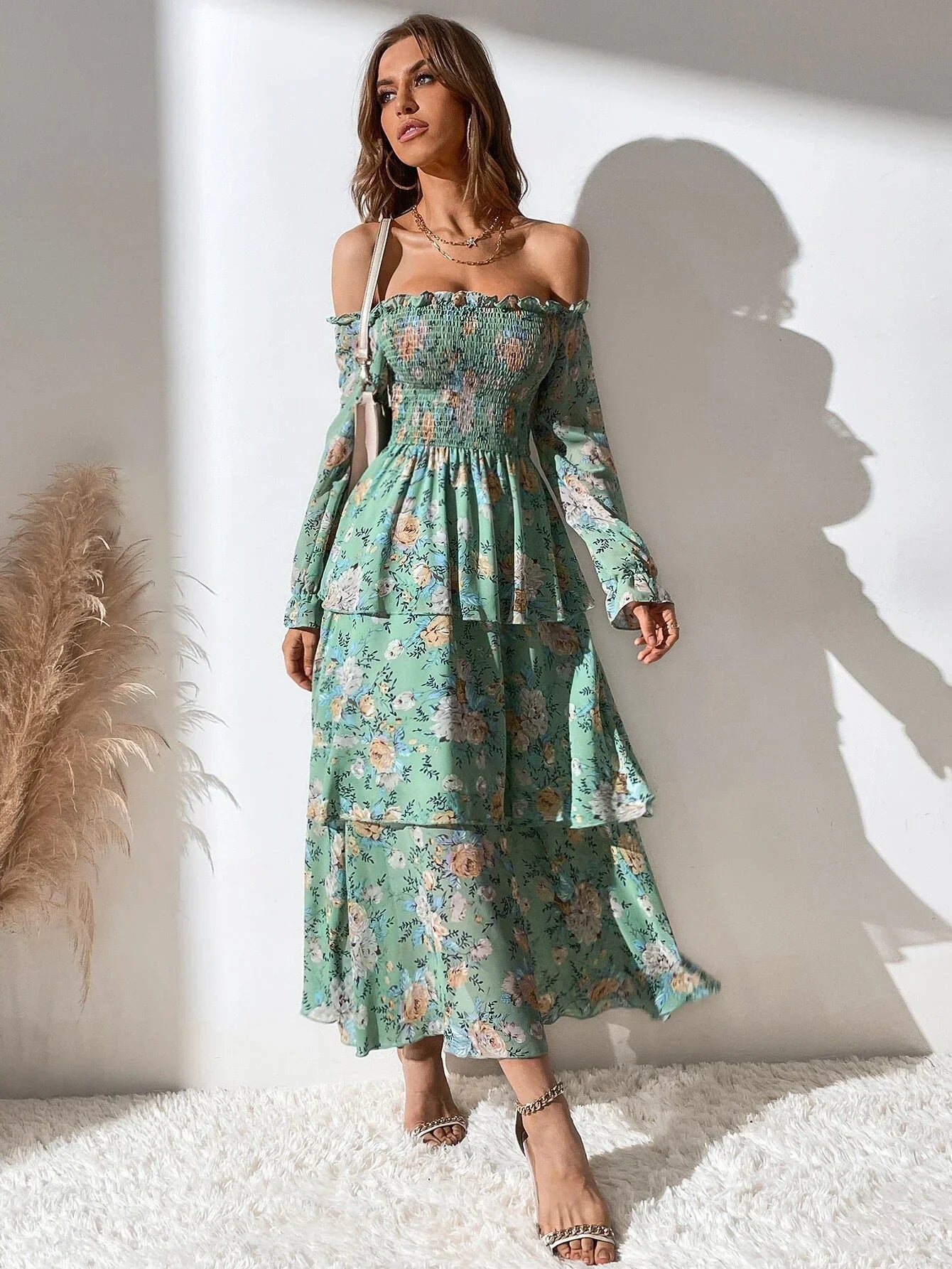 Buy SHEIN Mulvari Allover Floral Print Off The Shoulder Shirred Layered Hem Dress in Pakistan