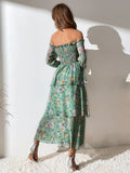 Buy SHEIN Mulvari Allover Floral Print Off The Shoulder Shirred Layered Hem Dress in Pakistan