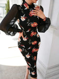 Buy Shein Modely Floral Print Contrast Mesh Lantern Sleeve Slit Back Bodycon Dress in Pakistan