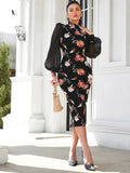 Buy Shein Modely Floral Print Contrast Mesh Lantern Sleeve Slit Back Bodycon Dress in Pakistan