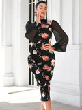 Buy Shein Modely Floral Print Contrast Mesh Lantern Sleeve Slit Back Bodycon Dress in Pakistan