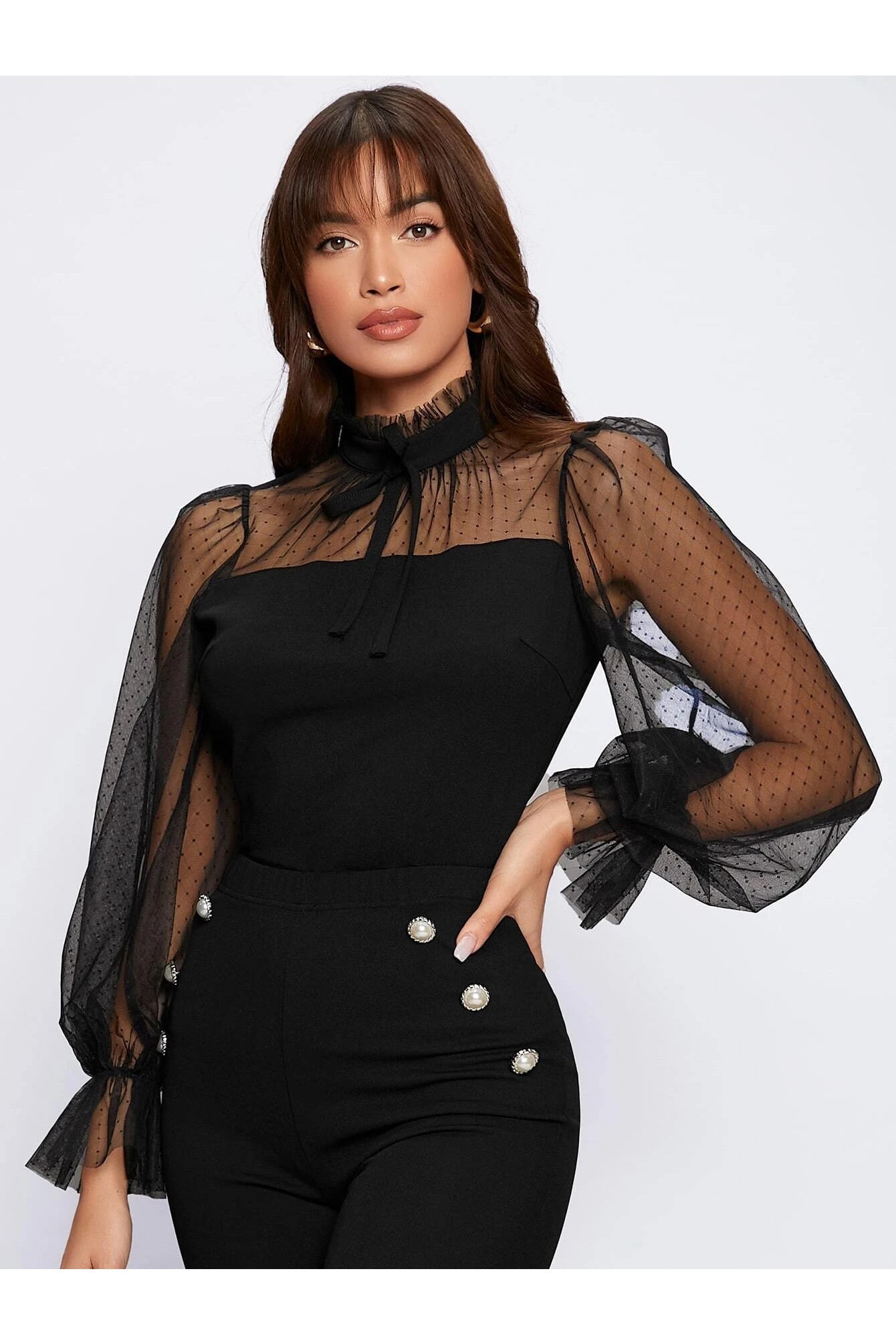 Buy SHEIN Dobby Mesh Flounce Sleeve Blouse in Pakistan