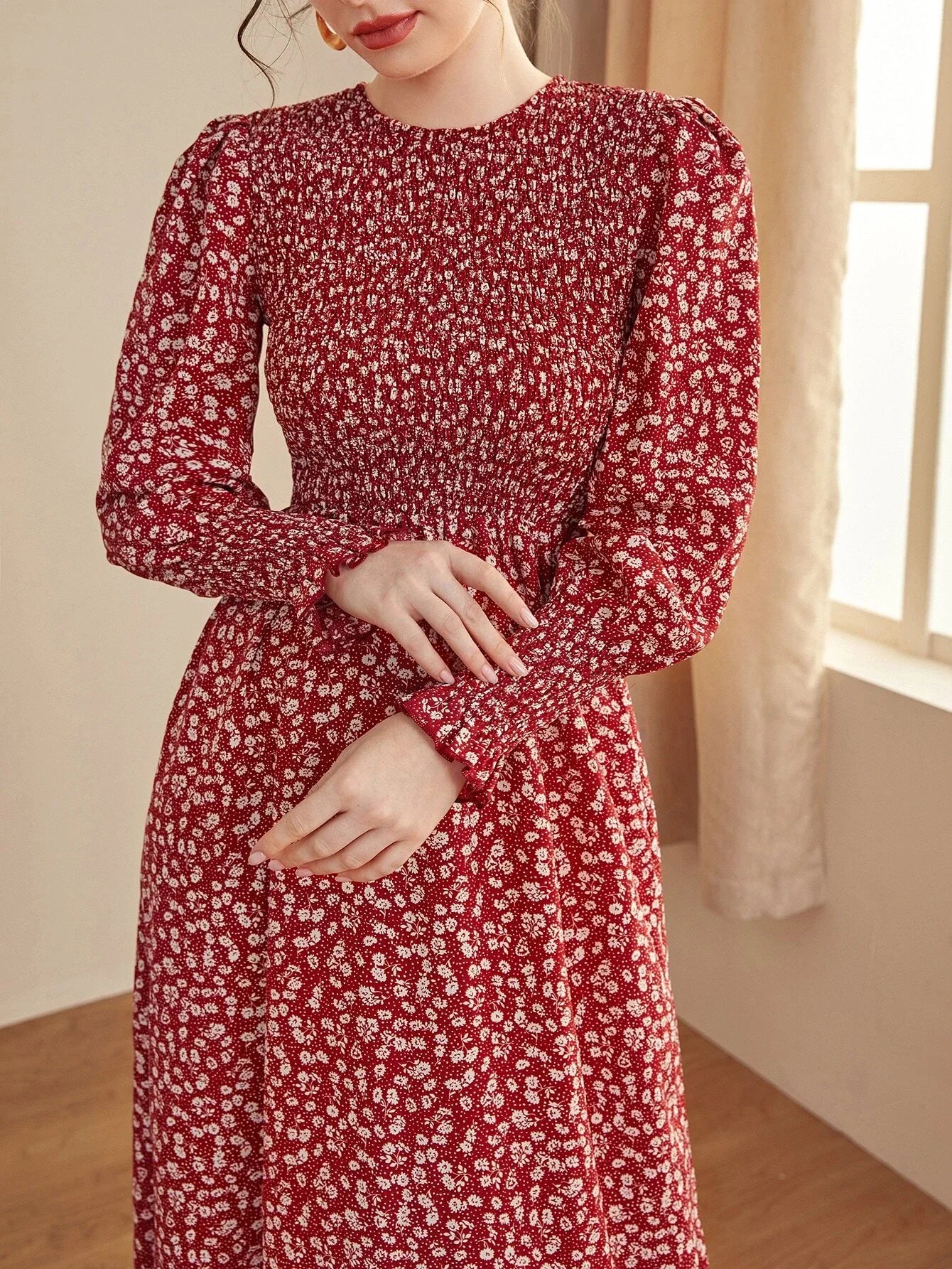 Buy Shein Mulvari Ditsy Floral Puff Sleeve Shirred A Line Dress in Pakistan