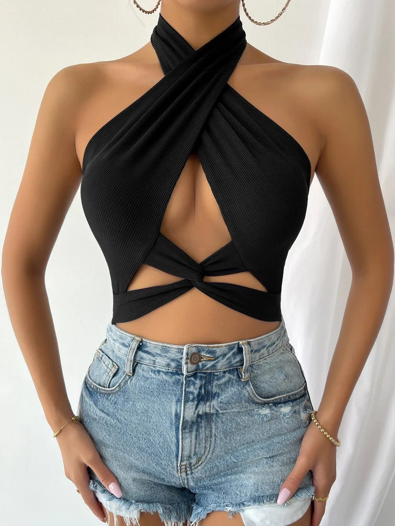 Buy Shein Twist Front Cut Out Crop Halter Top in Pakistan