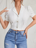 Buy Shein Ezwear Lapel Collar Puff Sleeve Button Up Blouse in Pakistan