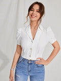 Buy Shein Ezwear Lapel Collar Puff Sleeve Button Up Blouse in Pakistan