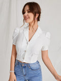 Buy Shein Ezwear Lapel Collar Puff Sleeve Button Up Blouse in Pakistan