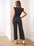 Buy Shein Striped Print Ruffle Trim Belted Jumpsuit in Pakistan