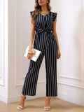 Buy Shein Striped Print Ruffle Trim Belted Jumpsuit in Pakistan