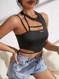 Buy Shein Asymmetrical Neck Patch Detail Racerback Crop Top in Pakistan