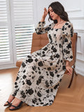 Buy Shein Modely Floral Print Lantern Sleeve Square Neck Dress in Pakistan