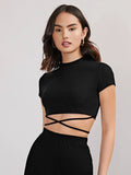 Buy Shein Evolushein Recycled Polyester Mock Neck Crisscross Tie Back Crop Tee in Pakistan