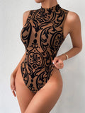 Buy Shein Baroque Print Mock Neck Bodysuit Without Lingerie Set in Pakistan