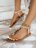 Buy Shein Women Metal Decor Toe Post T Strap Sandals, Vacation Outdoor Ankle Strap Thong Sandals in Pakistan