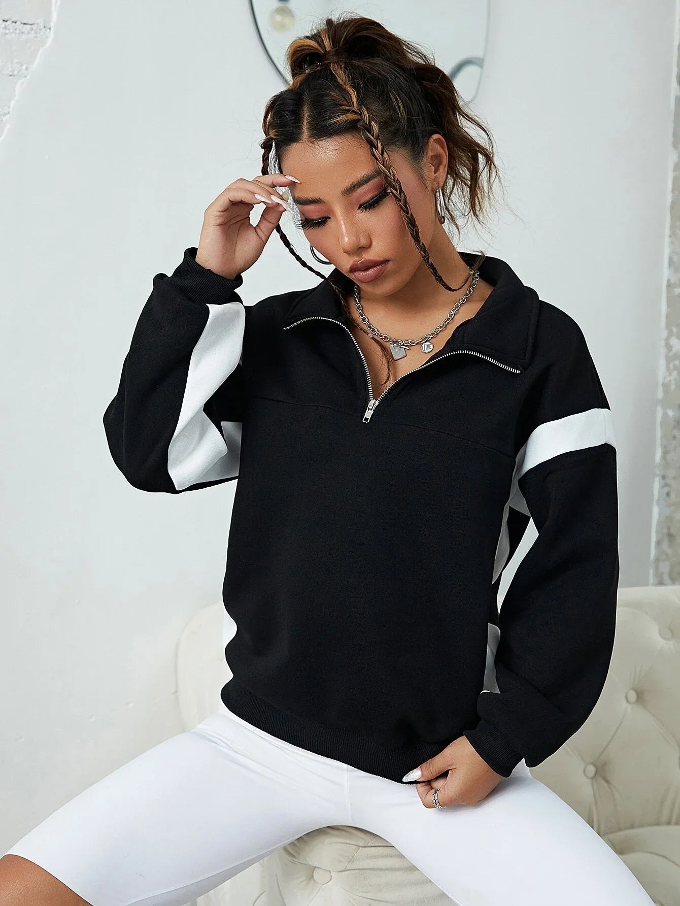 Buy Shein Contrast Panel Half Zip Sweatshirt in Pakistan