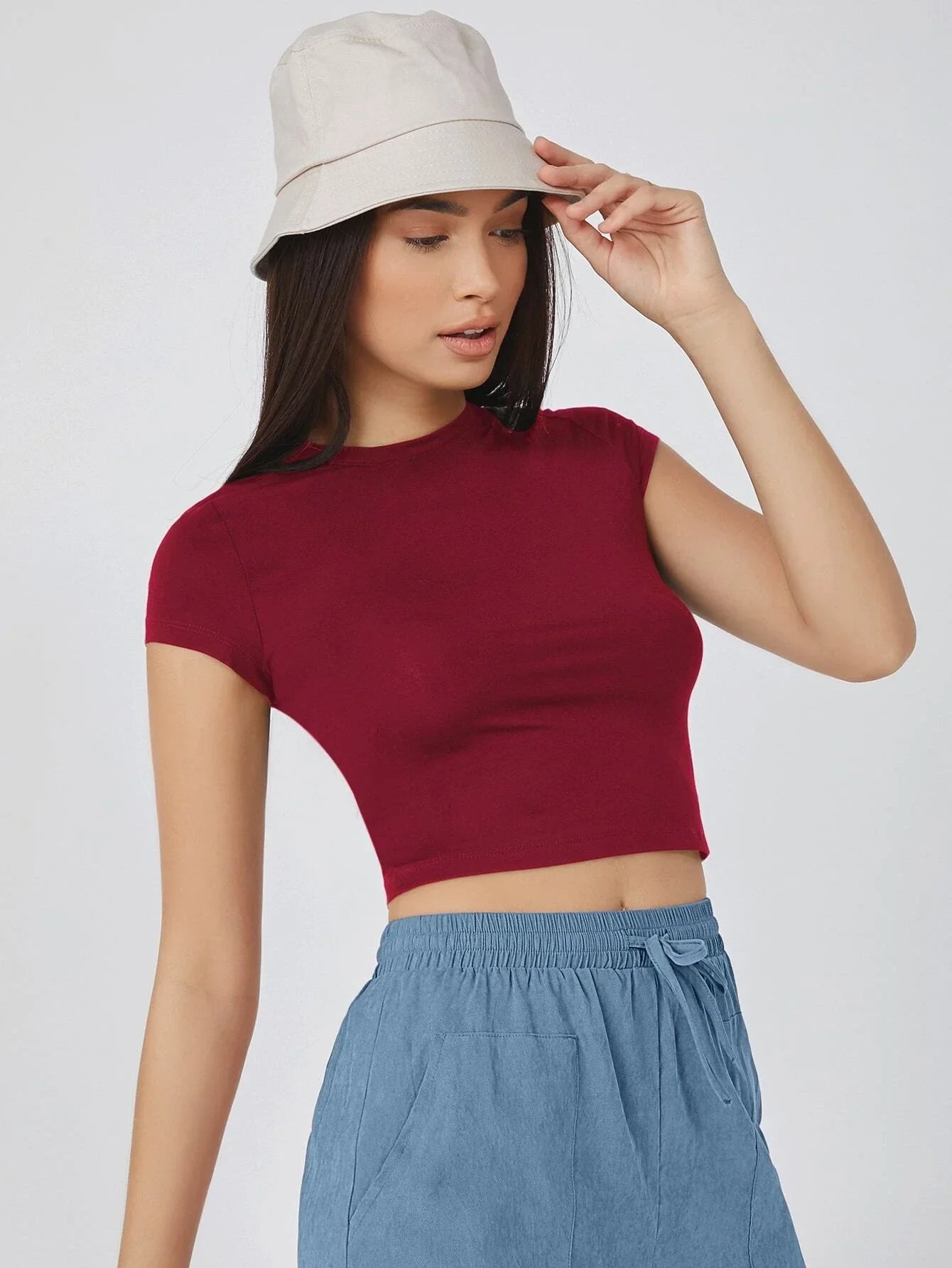 Buy SHEIN BASICS Cap Sleeve Solid Crop Top in Pakistan