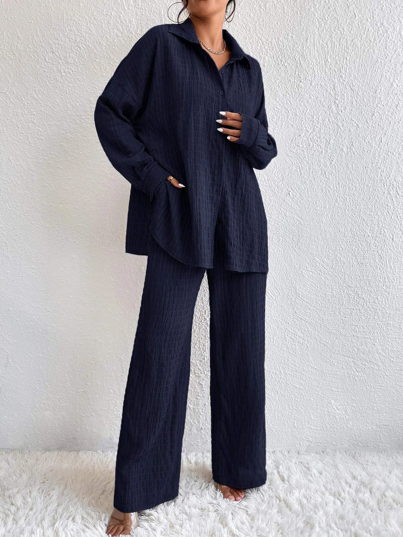 Buy Shein Solid Drop Shoulder Shirt & Wide Leg Pants in Pakistan