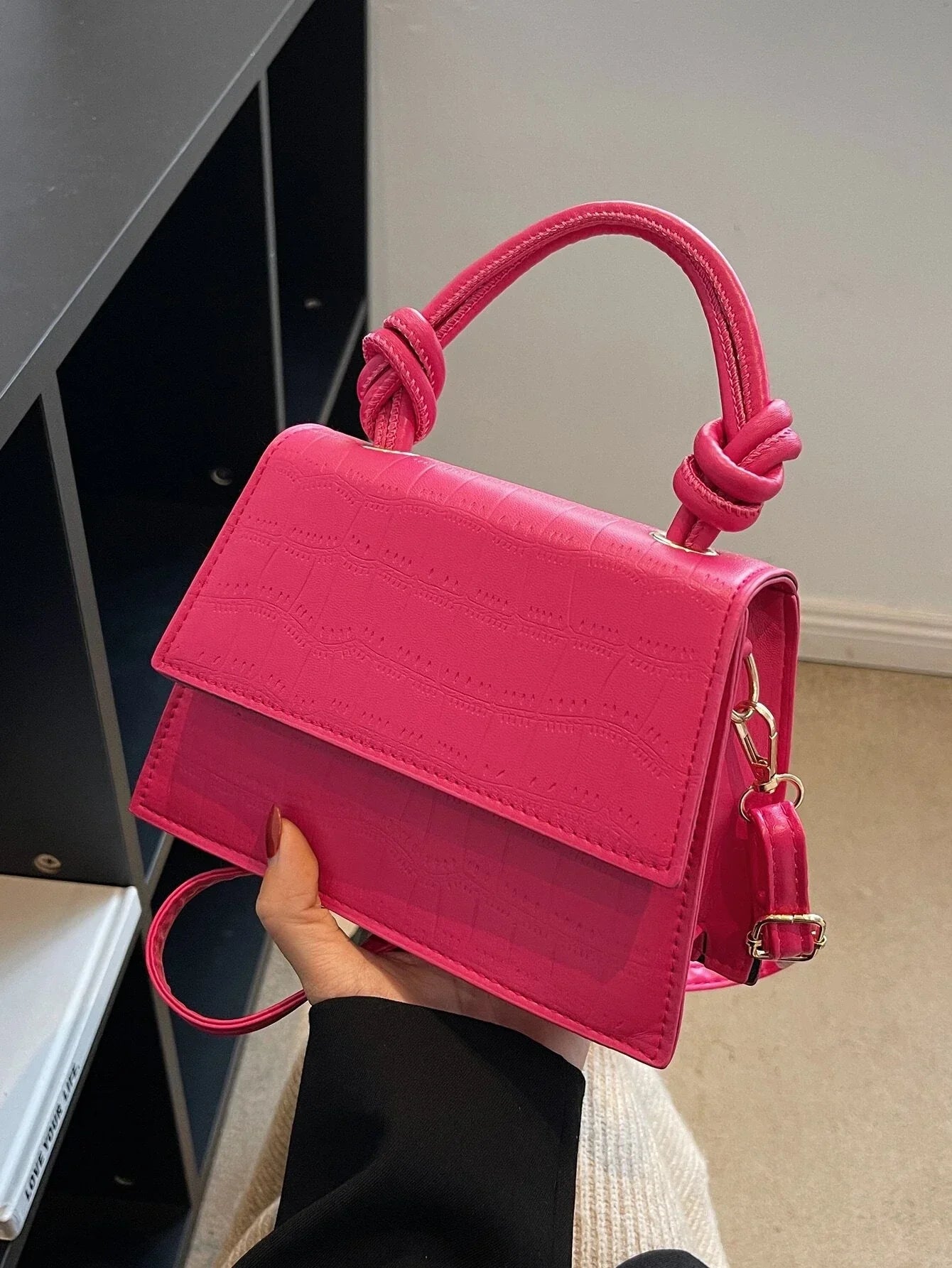 Buy SHEIN Mini Crocodile Embossed Neon Pink Flap Square Bag in Pakistan