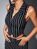 Buy Shein Icon Striped Lapel Collar Crop Waistcoat in Pakistan