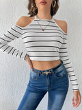 Buy SHEIN EZwear Striped Cold Shoulder Crop Tee in Pakistan