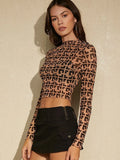 Buy SHEIN Allover Print Mock Neck Crop Mesh Top in Pakistan