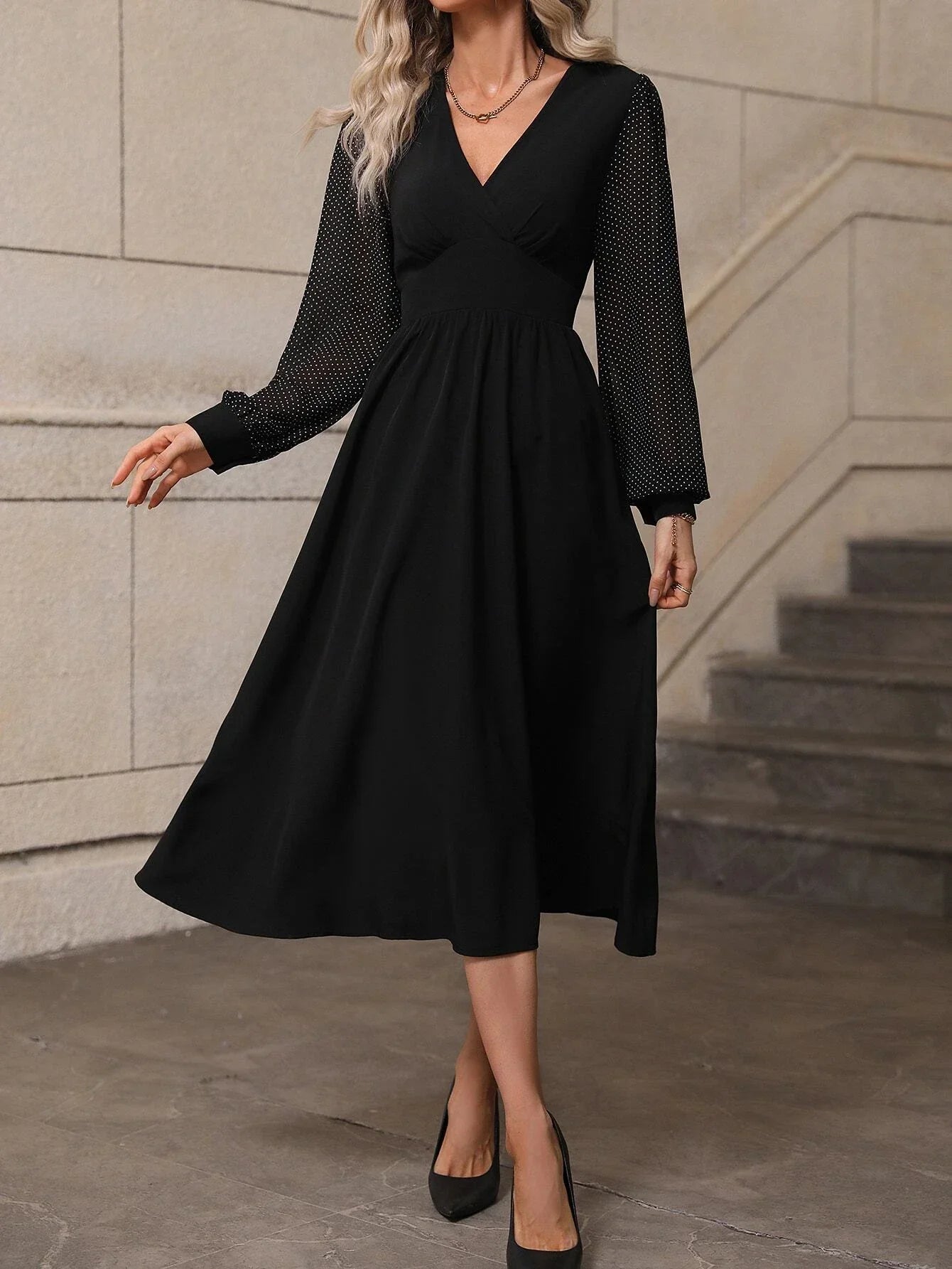 Buy Shein Polka Dot Bishop Sleeve A Line Dress in Pakistan