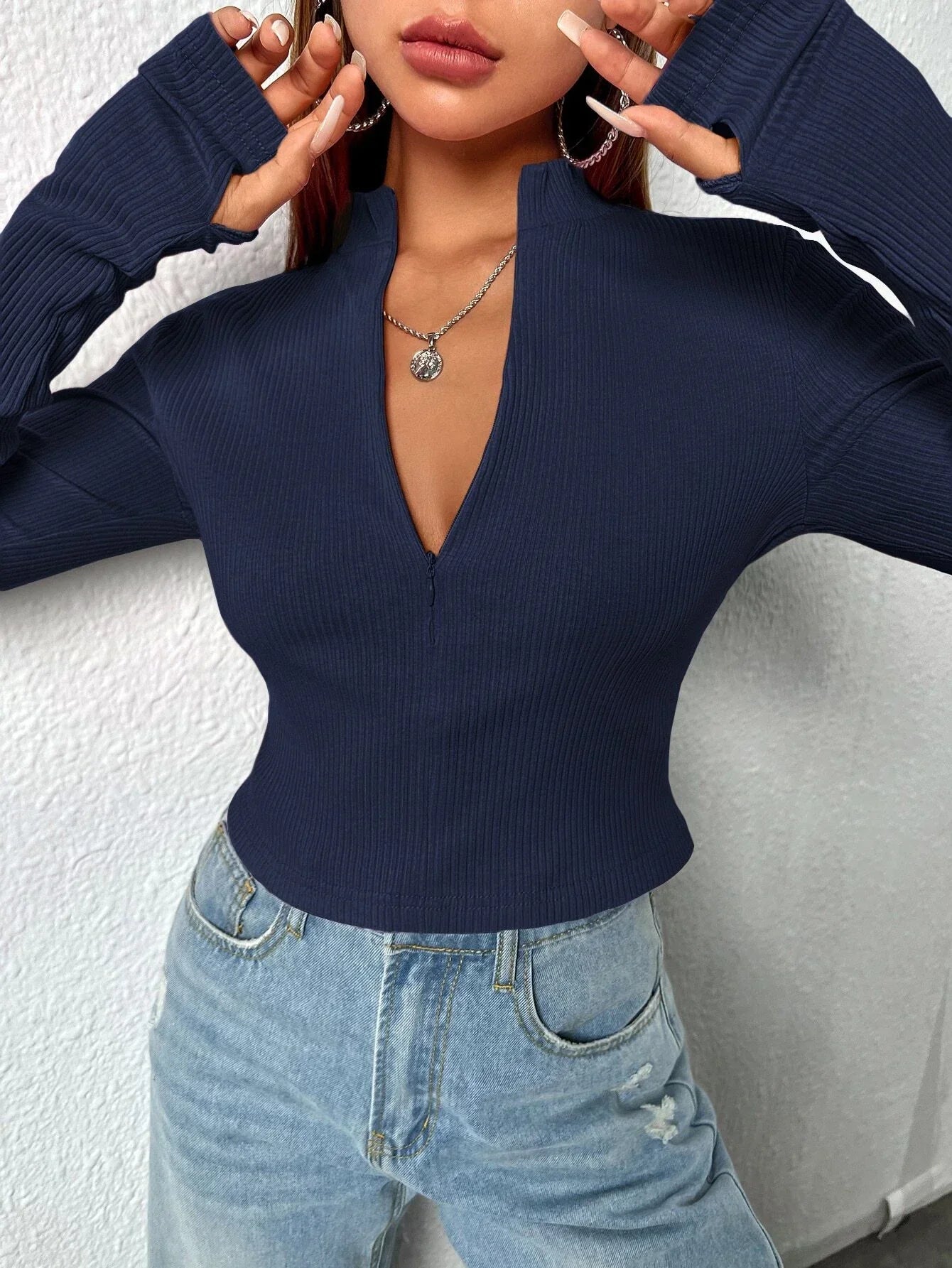 Buy Shein Unity Zip Front Thumb Hole Crop Tee in Pakistan